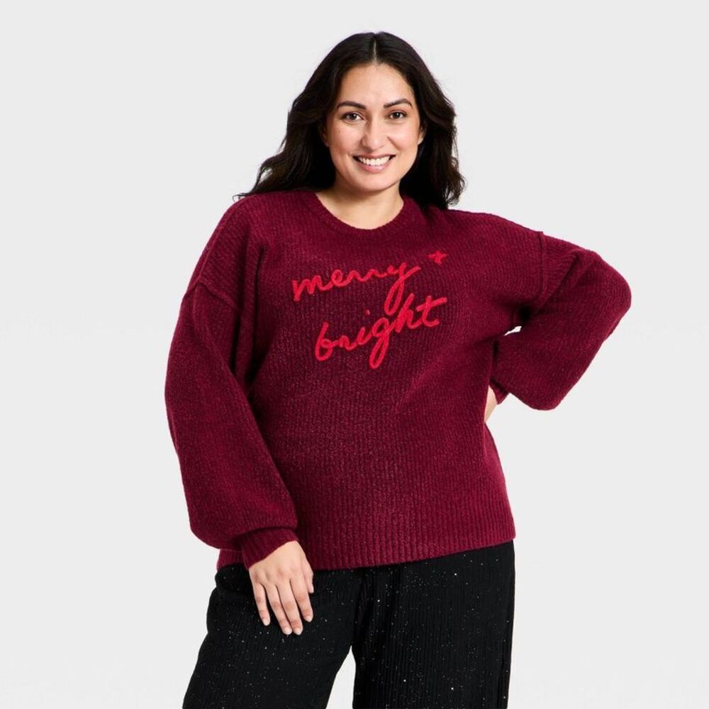Women's Long Sleeve Crewneck Holiday Pullover Sweater - Ava & Viv Burgundy 3X
